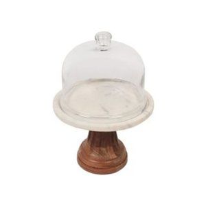 Acacia Wood & Marble Cake Stand With Dome NWT